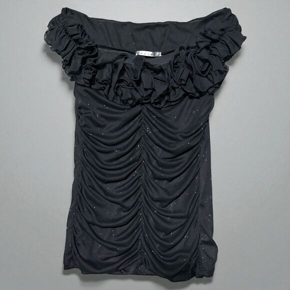 Easel Shirt M Off Shoulder Ruffle Ruched Black Sparkle Goth Babydoll Coquette - Picture 1 of 4